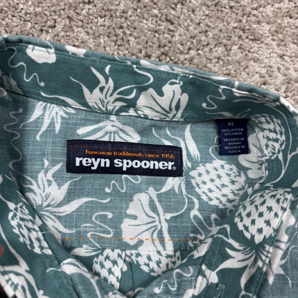 Reyn Spooner Mens XL Short Sleeve Button Down Shirt Teal Pineapple Cotton Linen - Picture 4 of 7